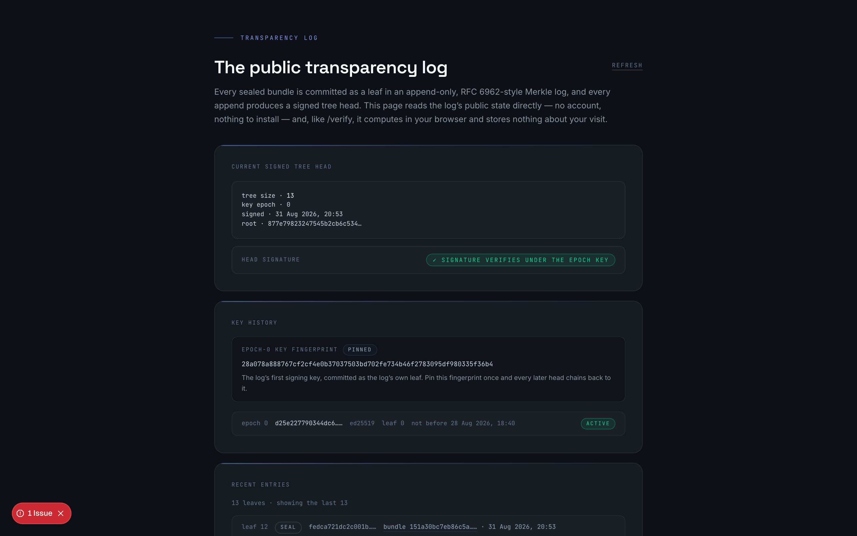 The public transparency log on /log: the current signed tree head with tree size and root hash, and the recent leaves beside it.